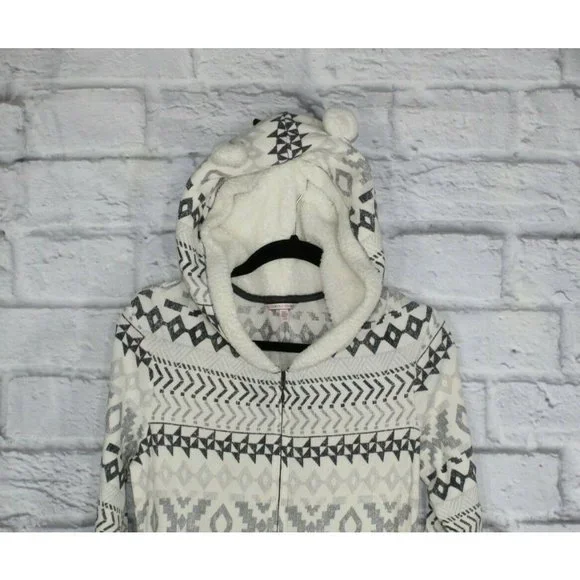 VICTORIA'S SECRET White Snowflakes Fleece Hooded Cozy Jumpsuit Size L - Picture 2 of 9